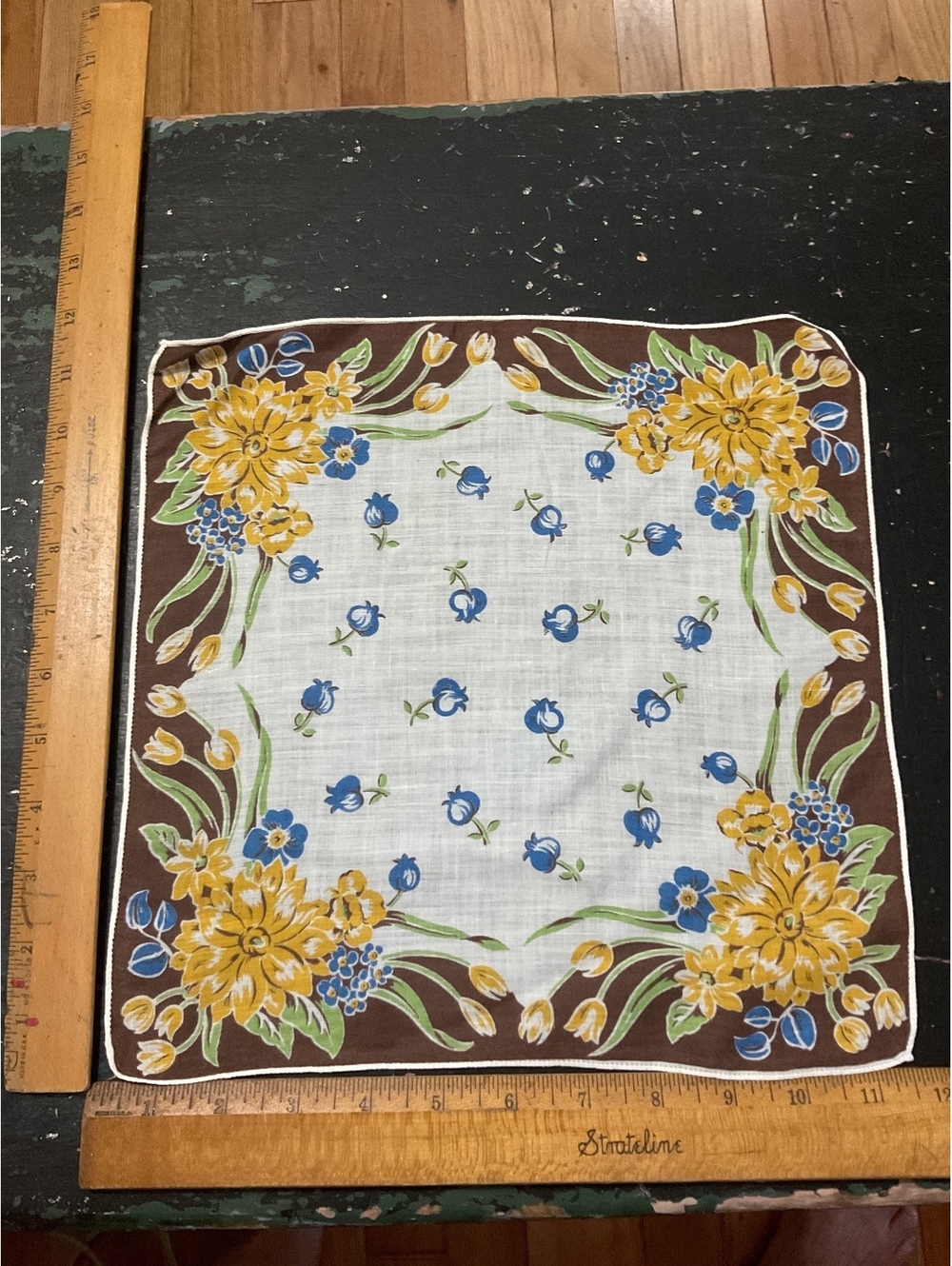 Vintage Floral Cotton Handkerchief with Yellow and Blue Flowers